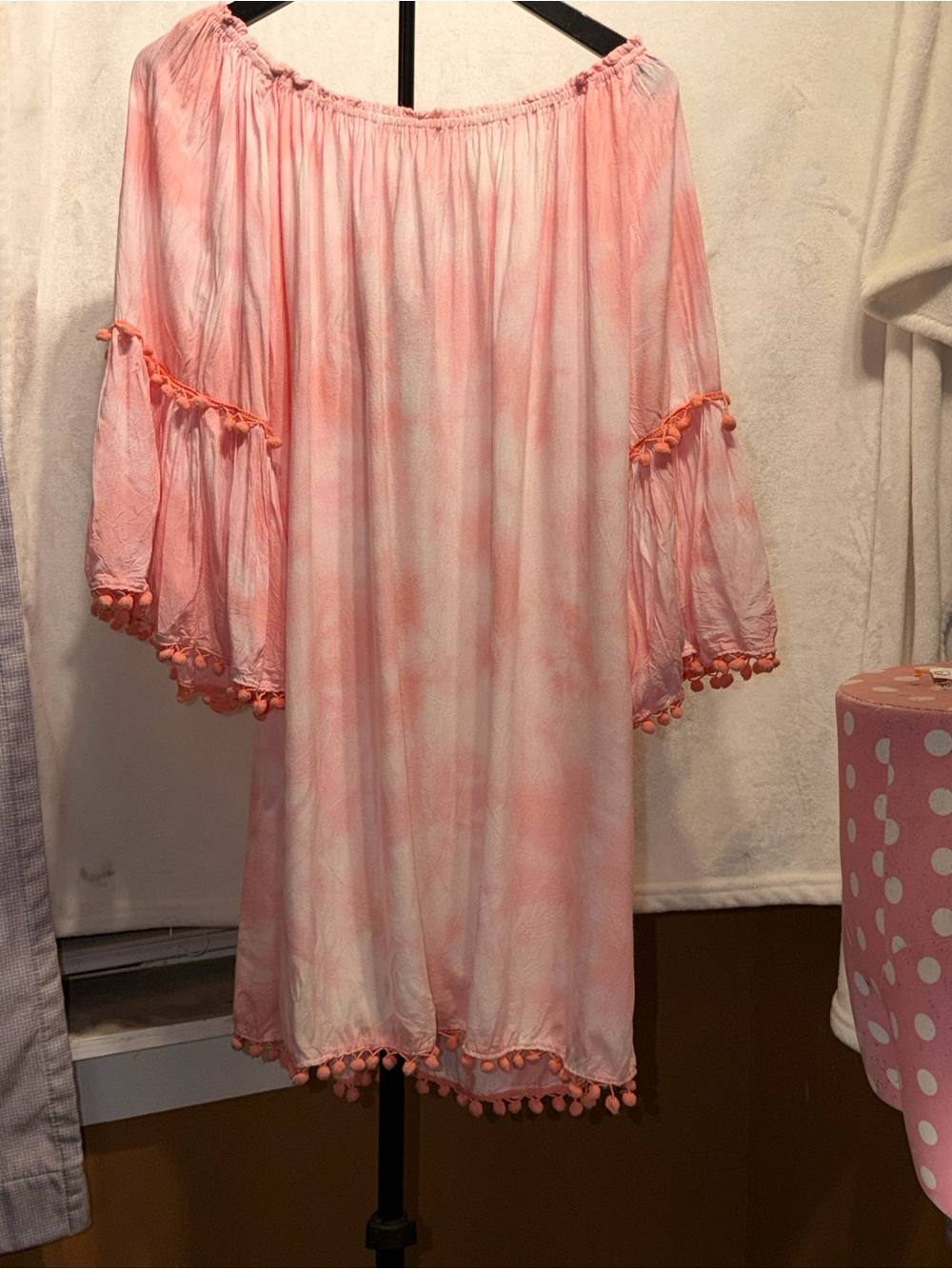 Exist Pink Beach/Pool cover up peach tie-dye with Pom Poms one size